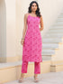 Janasya Women's Pink Pure Cotton Floral Printed Straight Kurta Pant Set